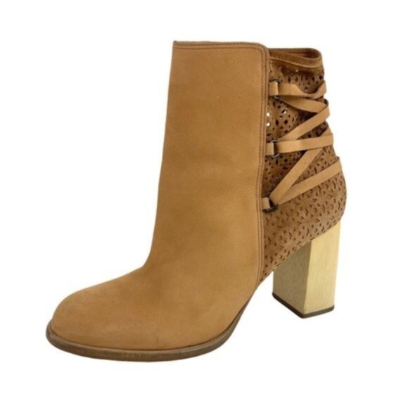 Miss Albright Suede Laser Cut Strappy Ankle Booties Wooden Heel - Picture 1 of 10